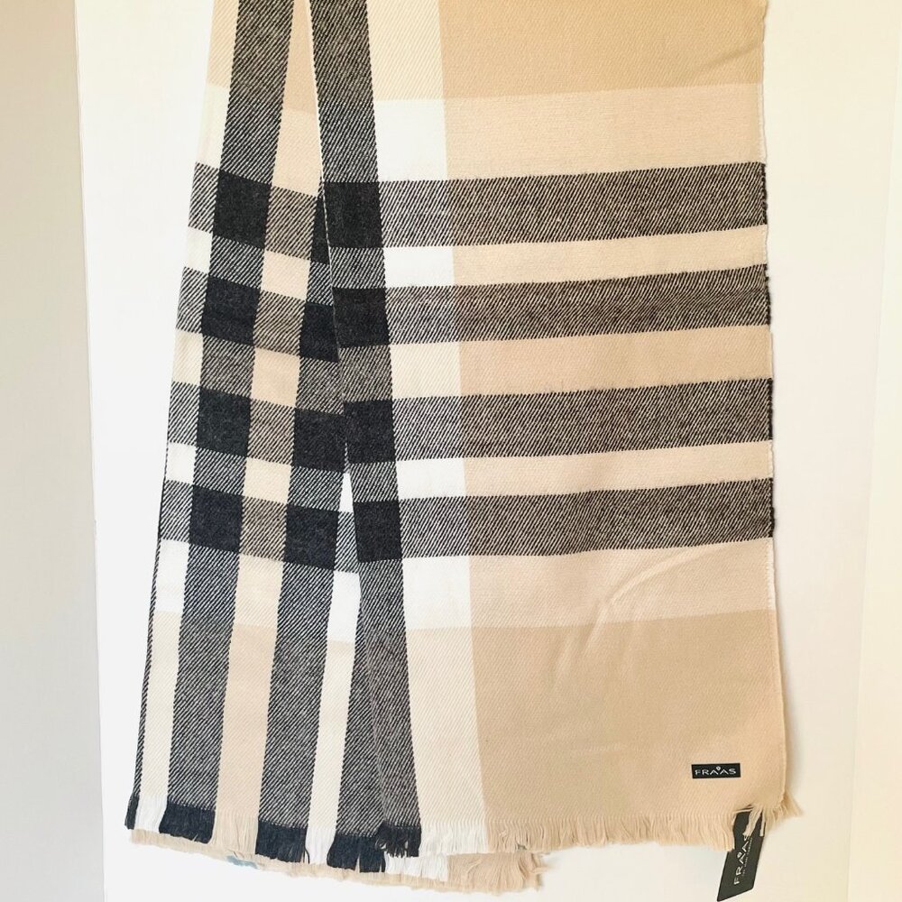 Fraas Plaid Tartan Cashmink Throw Blanket Beige Large Fringe Woven